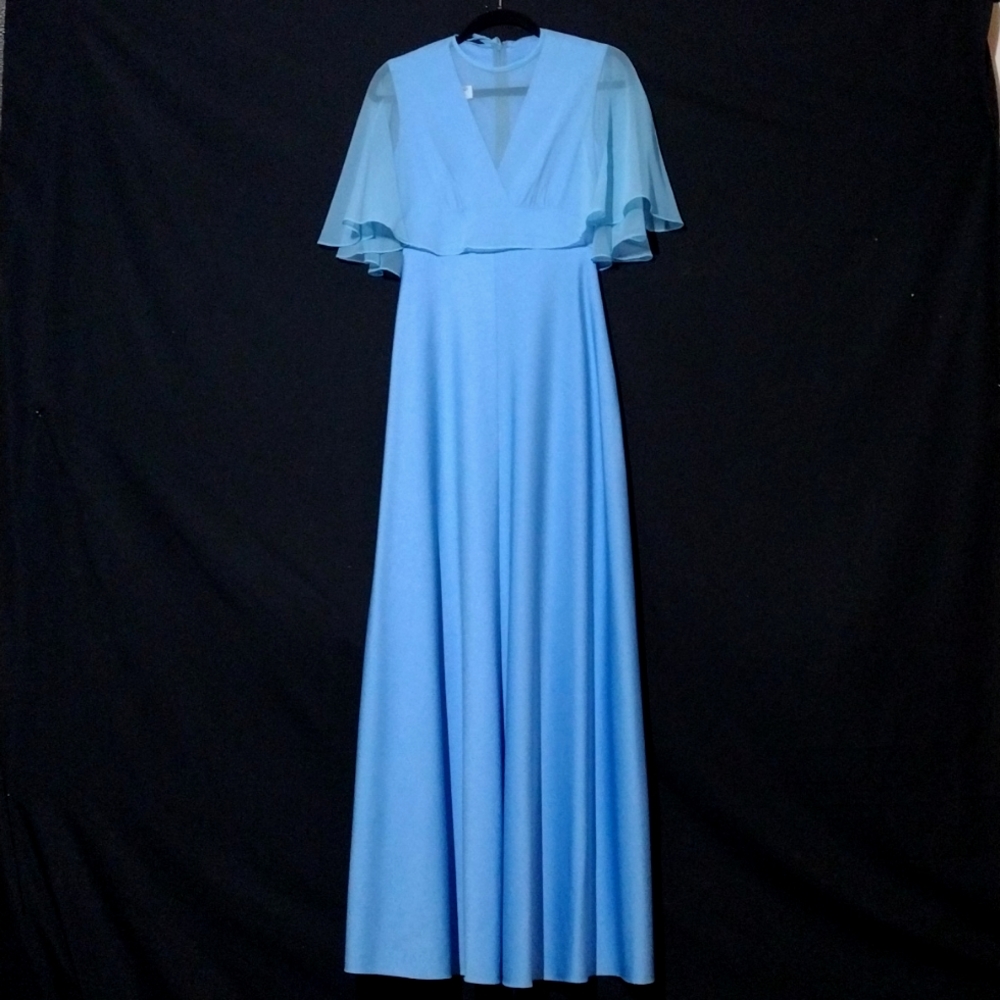 Vintage 1970s Miss Elliette Slvless Blue V-Neck Maxi Dress w/ Sheer Shawl Sz 2